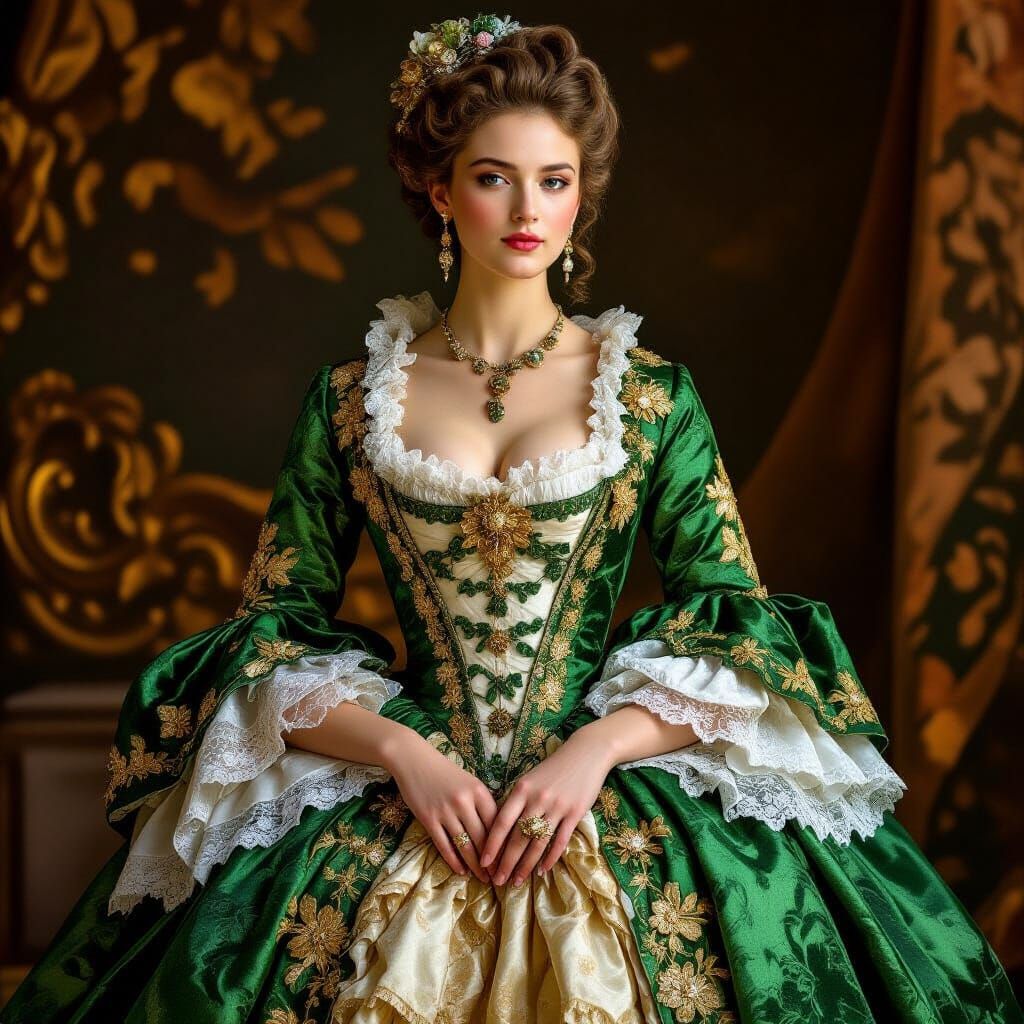 Baroque Woman in Green and Gold Dress
