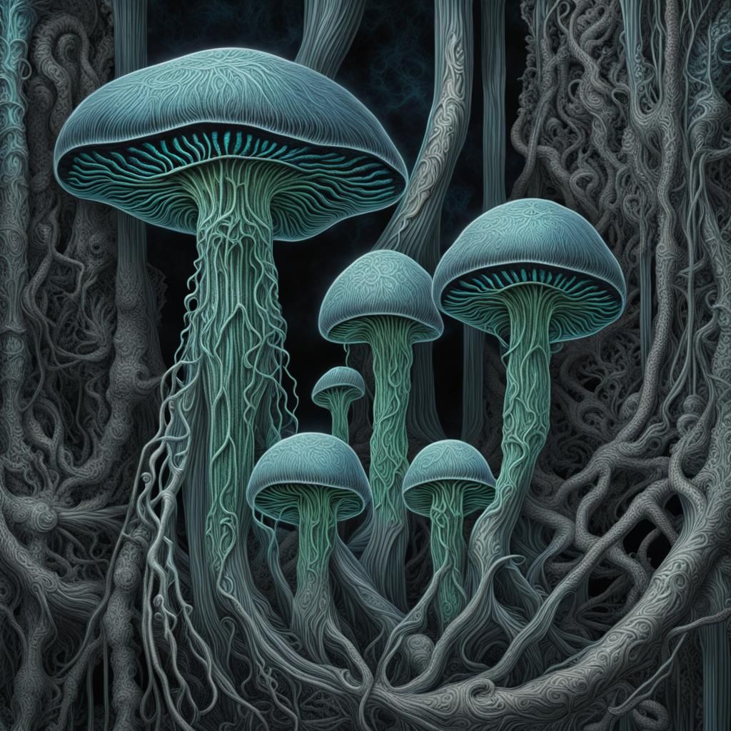 Eldritch Metallic Mushroom Fungi in Hyperrealistic Style