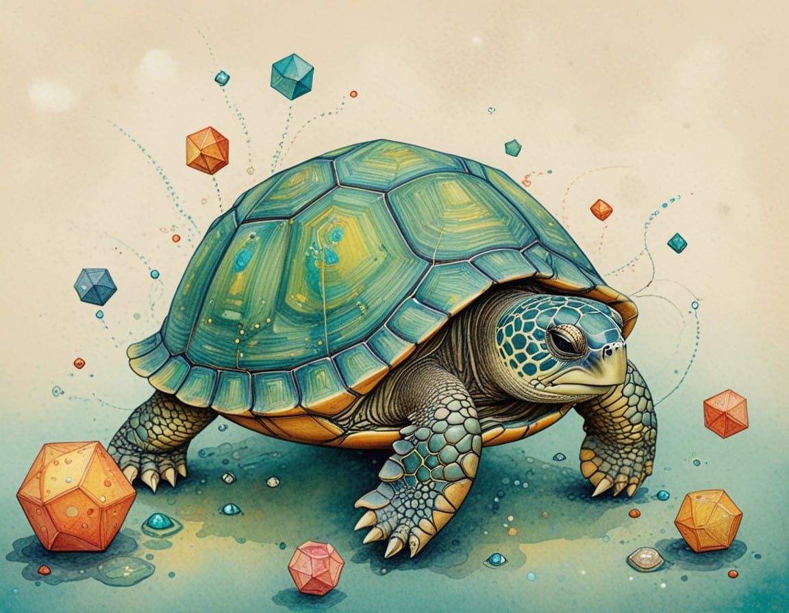 Whimsical Turtle in Abstract Hexagon Shell
