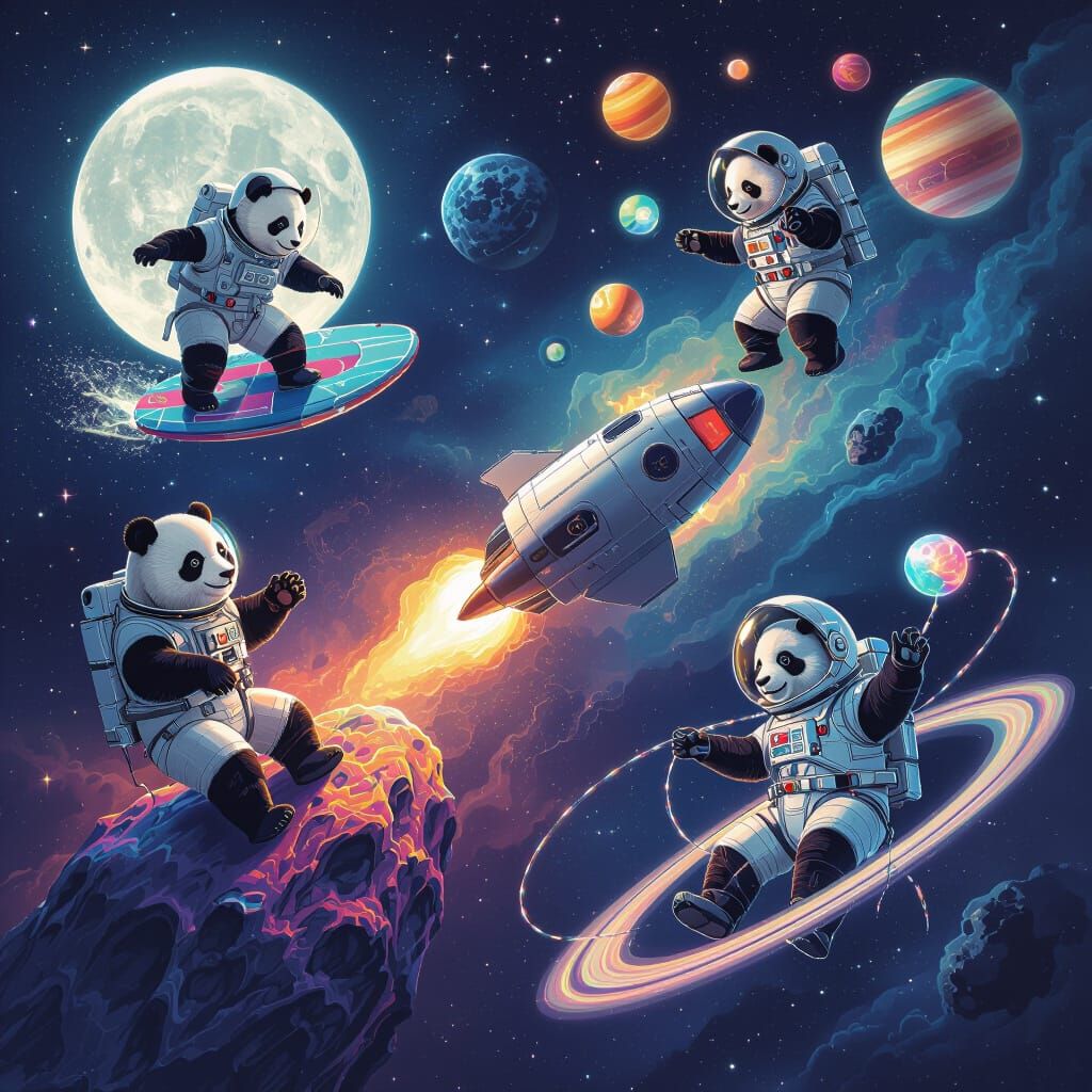 Astronaut Pandas Explore Space: Surfing, Rocketry, and Plane...