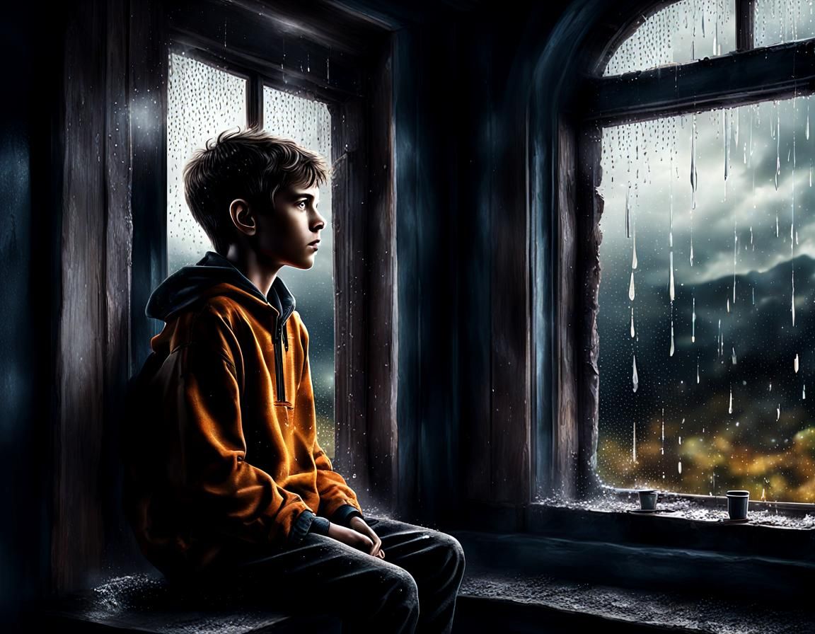Boy Longing for Sunshine on a Rainy Day