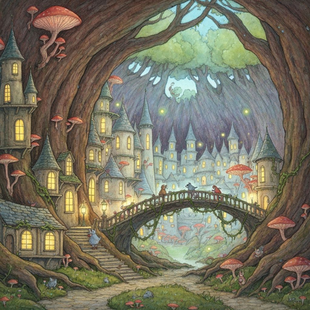 Enchanted Tree City with Bioluminescent Fungi in Watercolor