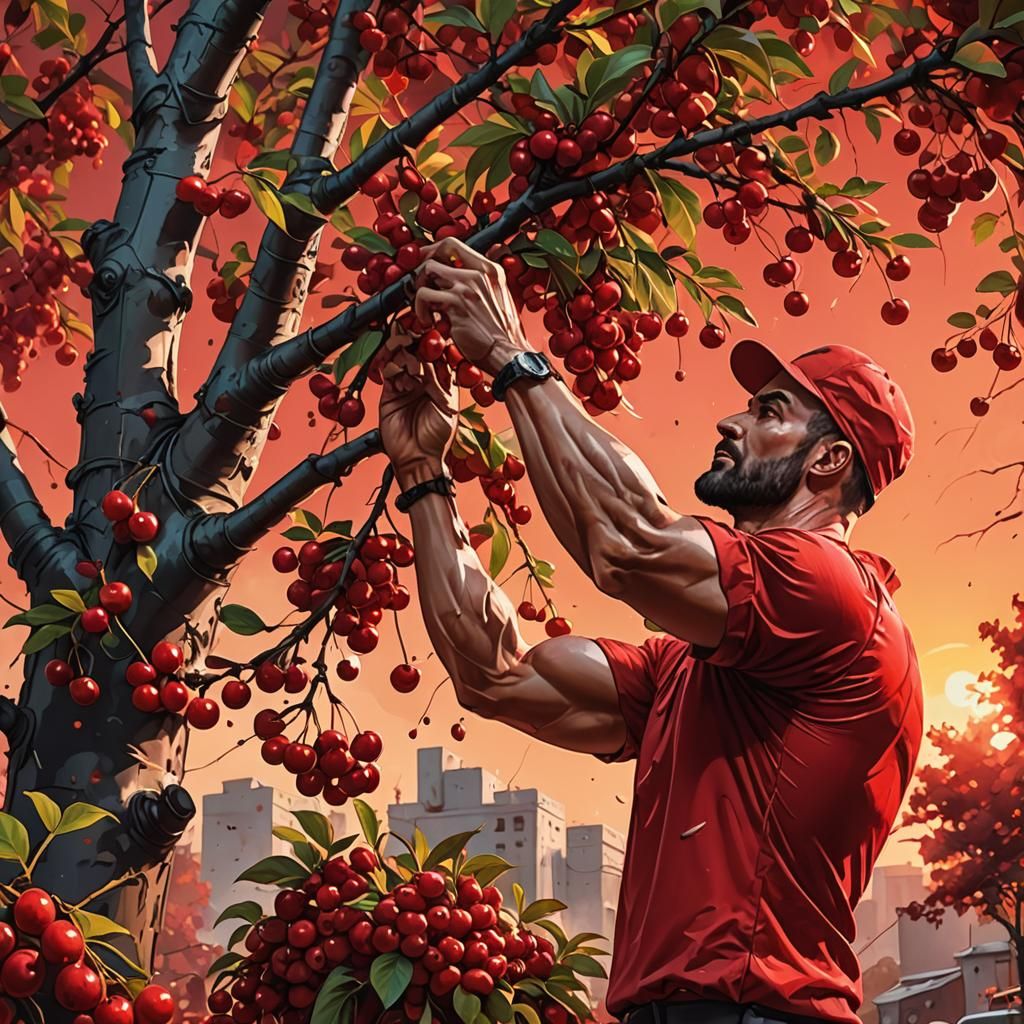 Red Sunset Cherry Harvest in Graffiti Art Style