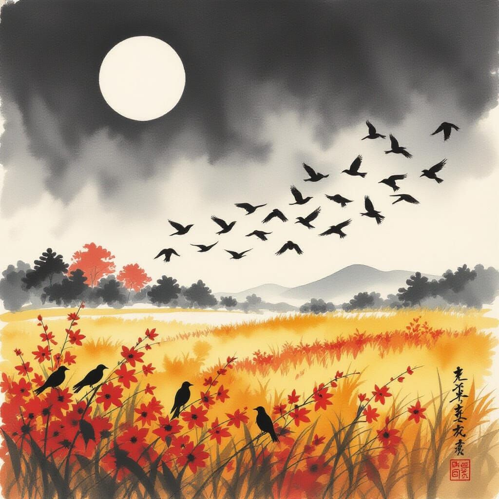 Crows in Autumn Field: Japanese Ink Art