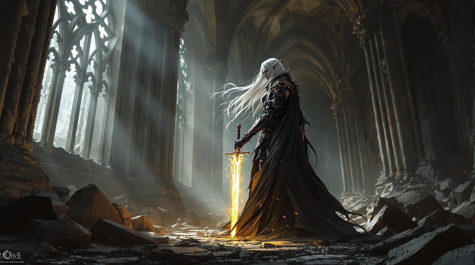 Gothic Elven Knight in Ruined Cathedral