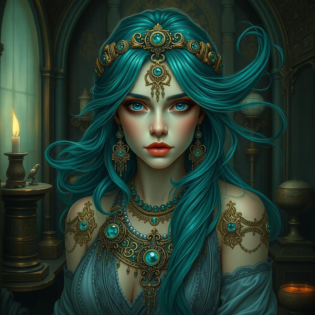 Mysterious Woman with Turquoise Eyes, in Art Nouveau Style