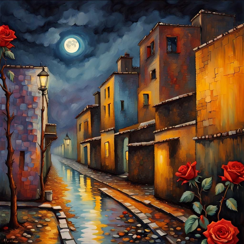 Moonlit Alley: Skulls and Roses in Pointillist Style