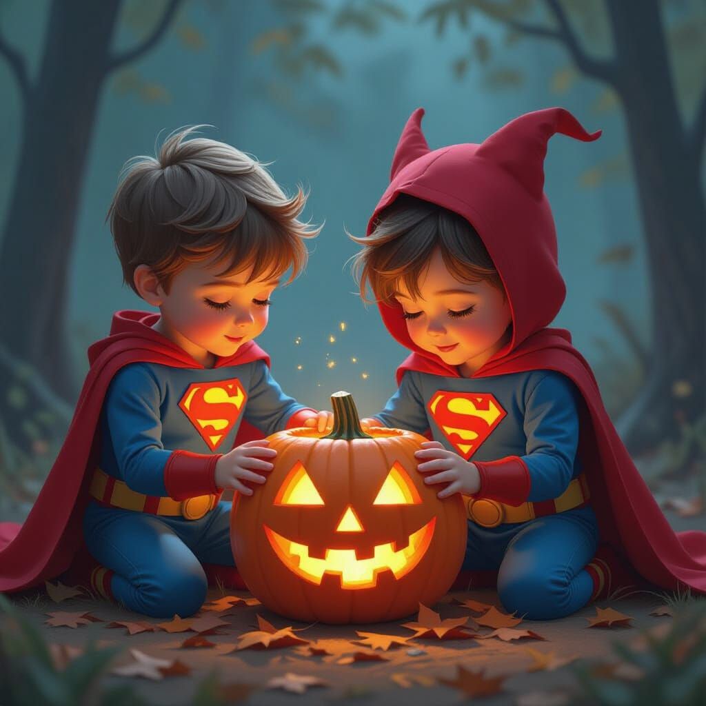Kids in Superhero Costumes Unwrapping Halloween Gift