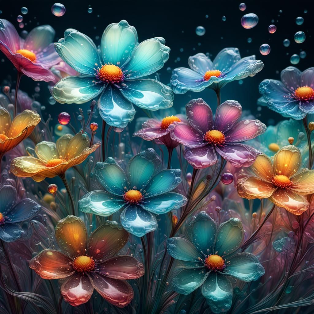 Dreamy Flowers with Dew Drops: Iridescent Fractal Art