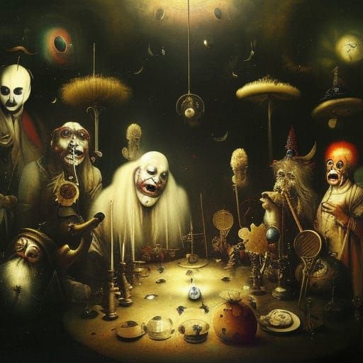 Entangled Astral Clowns in Rococo Surrealism Style