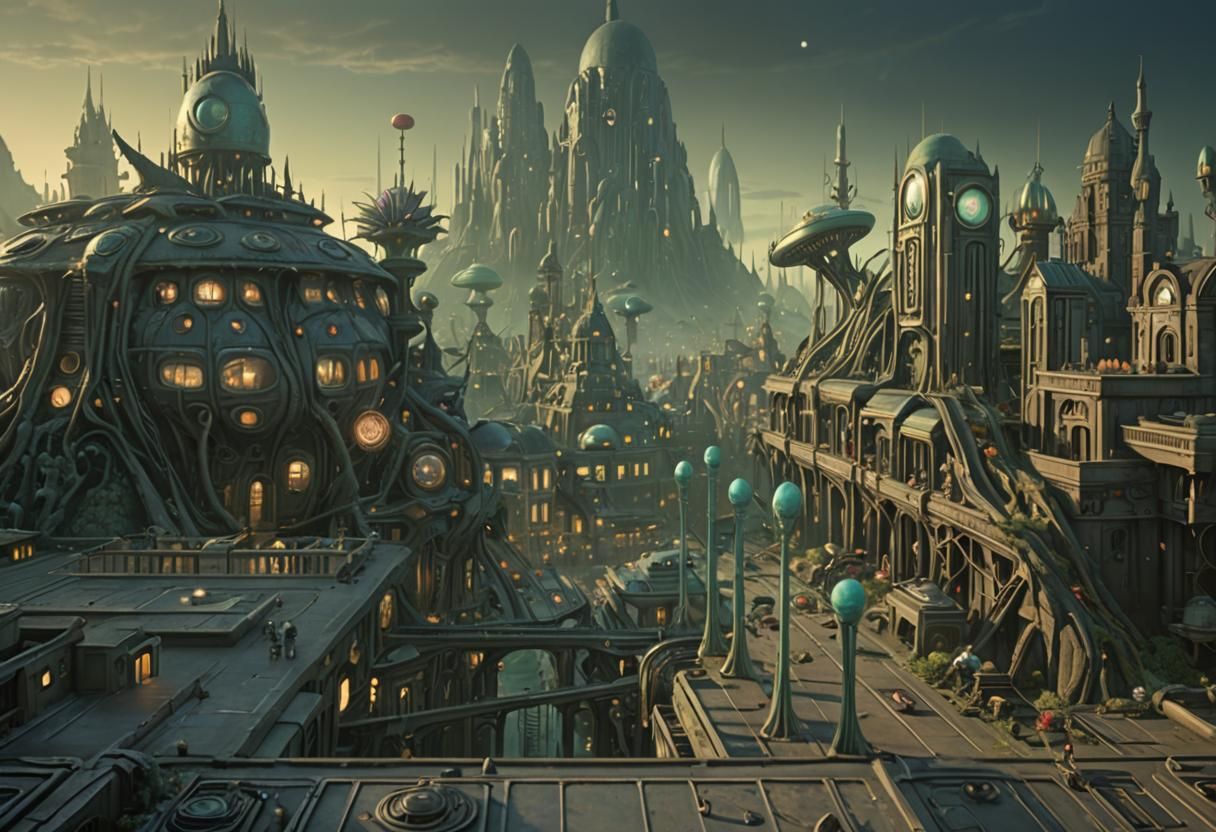 a dark old, painting of an alien city from another planet, soft light. acrylic painting made by ray caesar, mark ryden, ...