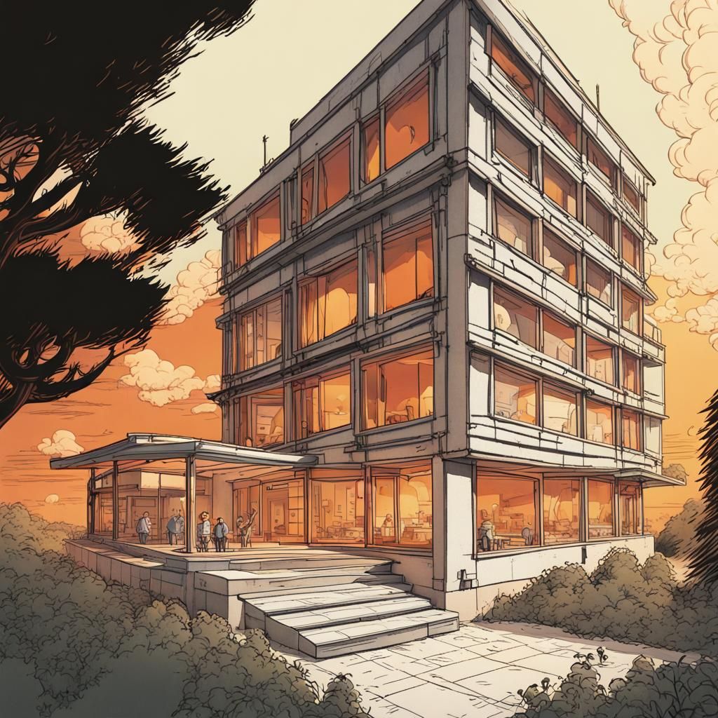 Modernist Building Engulfed in Wildfire: Comic Book Style