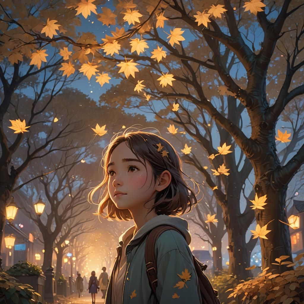 Ghibli-Inspired Girl Walks at Twilight: Fantasy Concept Art