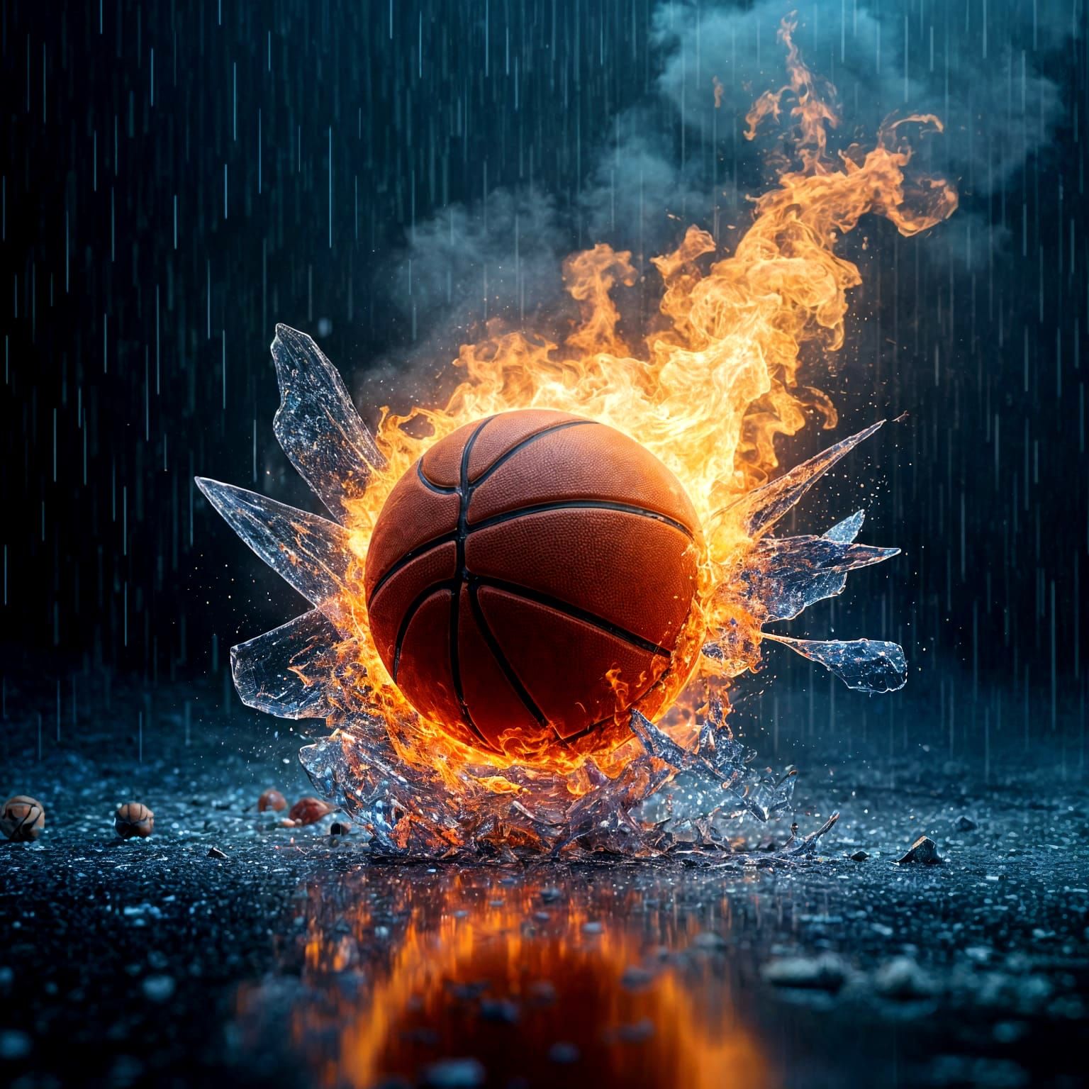 Fiery Basketball Smashes Icy Glass in Rain