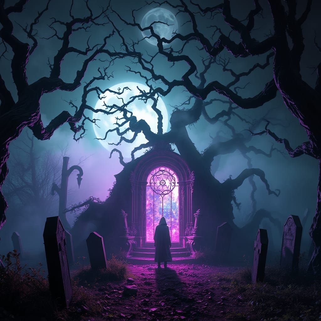 Psychedelic Moonlit Graveyard with Portal, Dreamlike Art