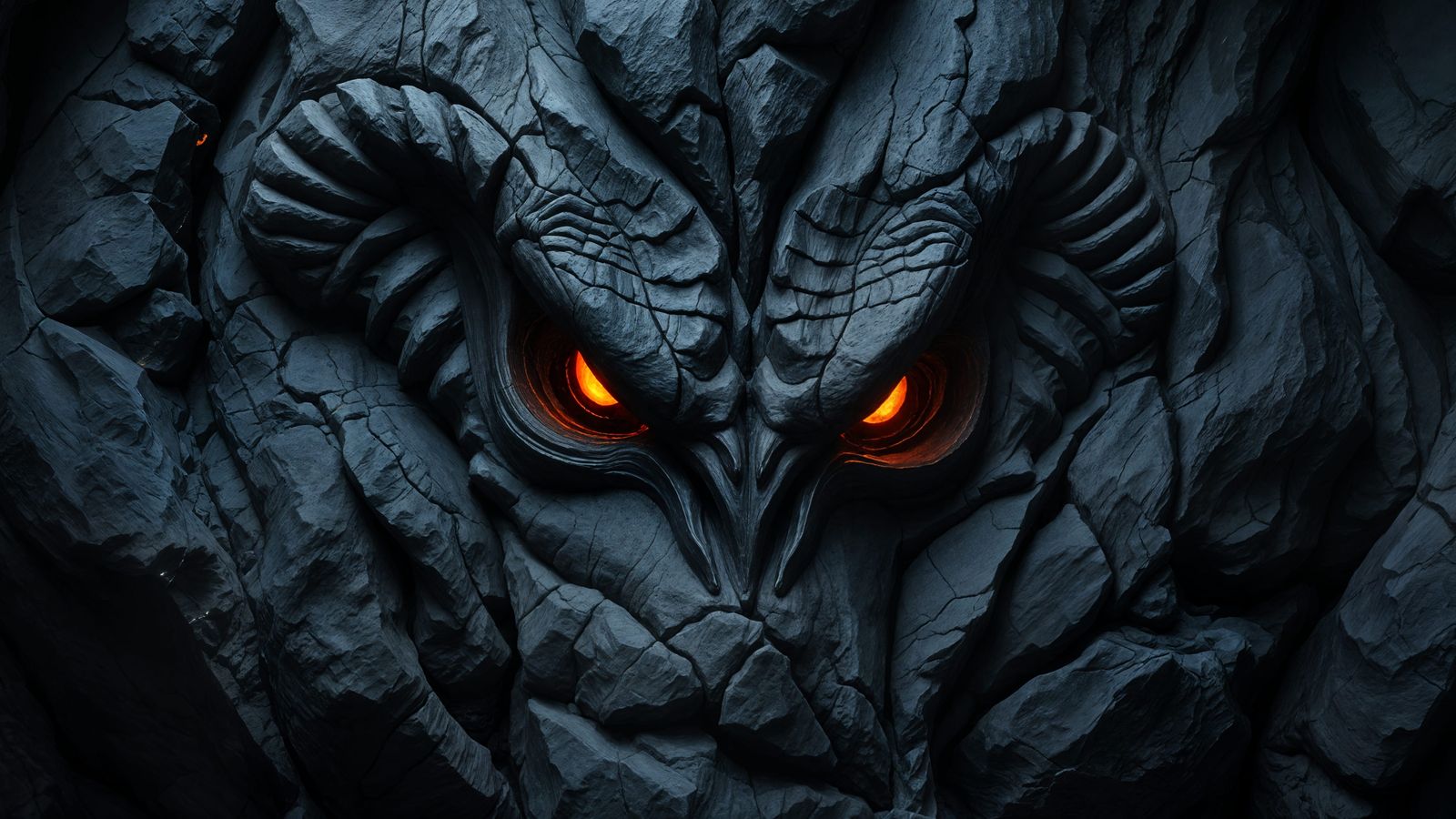 Basalt Cliff Face Reveals Creature with Glowing Eyes