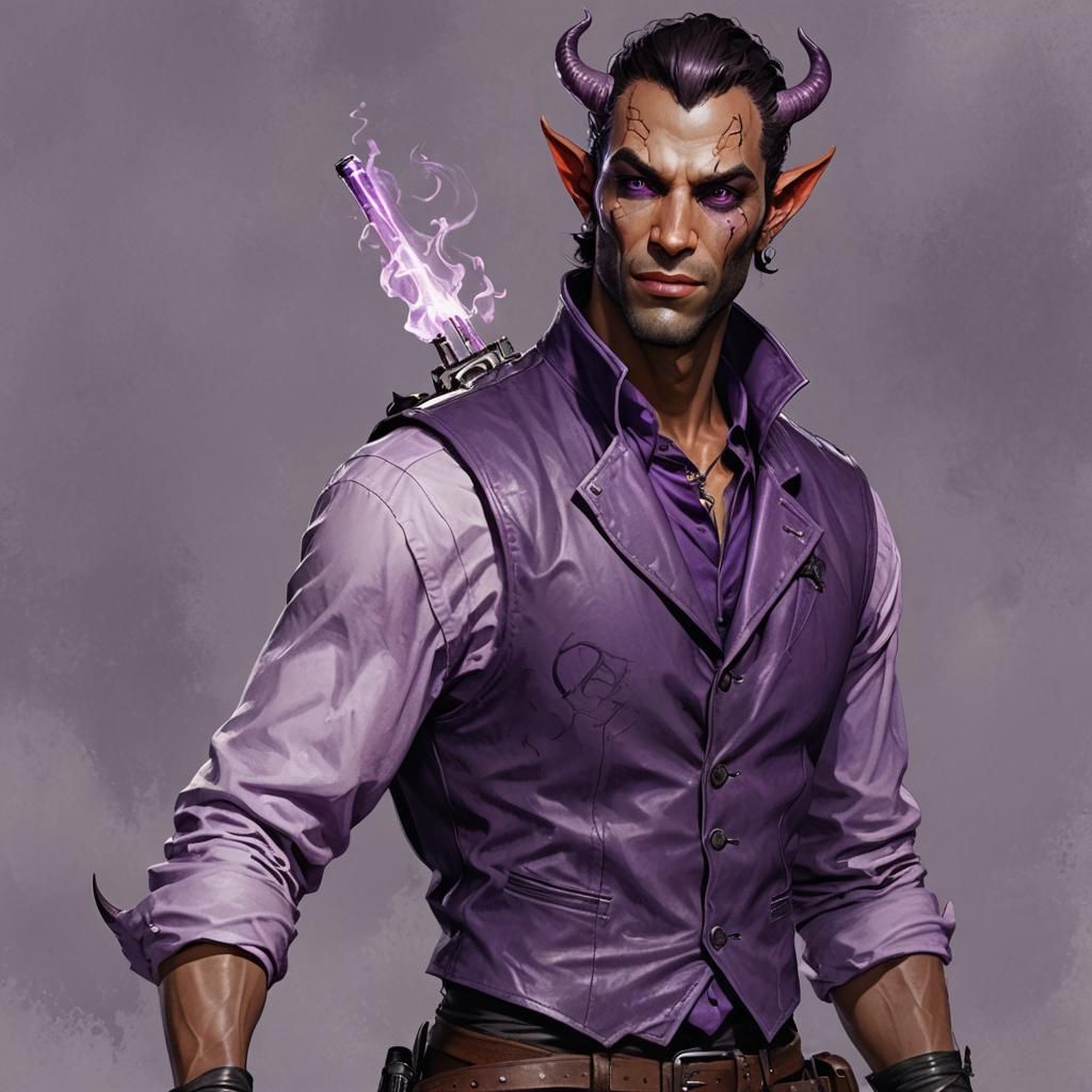 Handsome Tiefling with Pistol: Hyperrealistic Concept Art