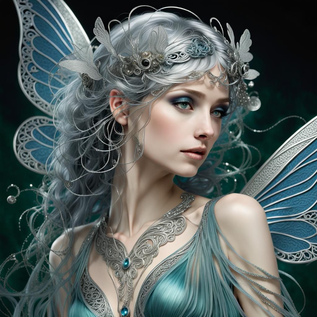 Ethereal Fairy with Silver Wings in Art Nouveau Style