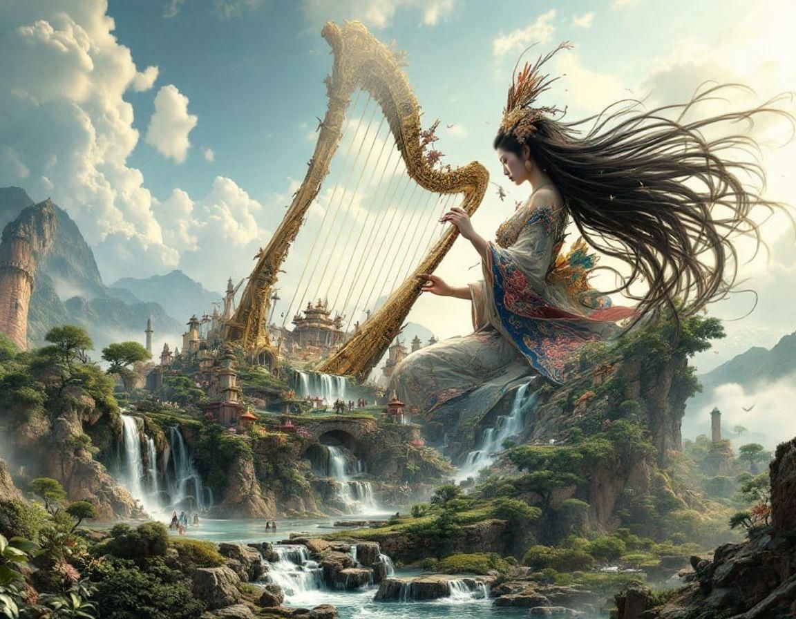 Giant Geisha's Fantasy Harp: Hyperrealistic 8K Art