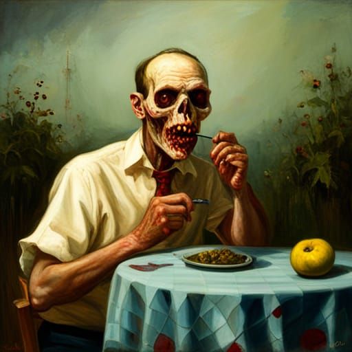 Zombie Eats Needle as Oil Painting