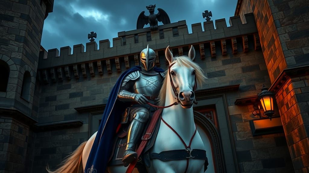 Knight on White Stallion at Castle Gate