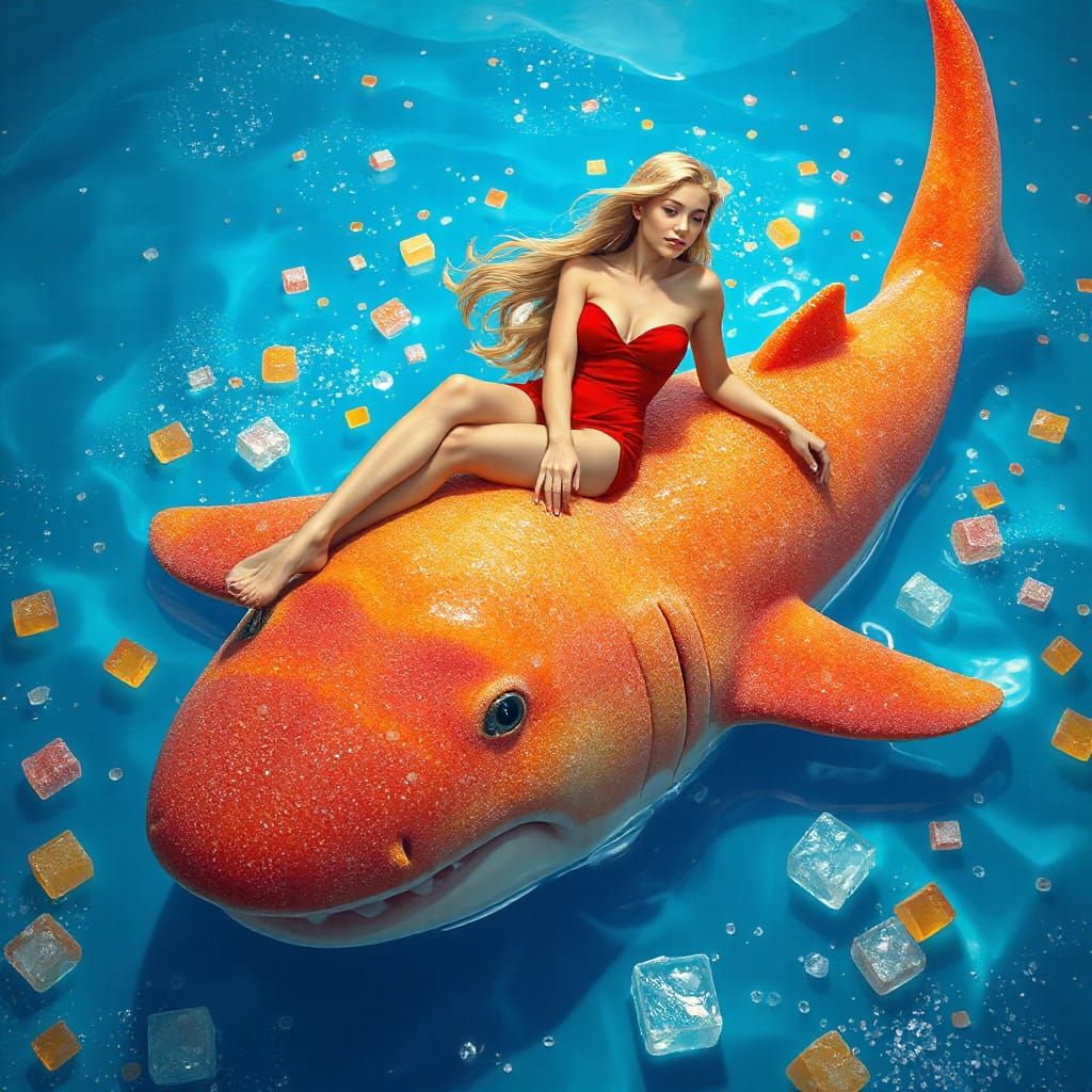 Woman in Crimson on Gummy Shark in Soda, Fantasy Art Nouveau...