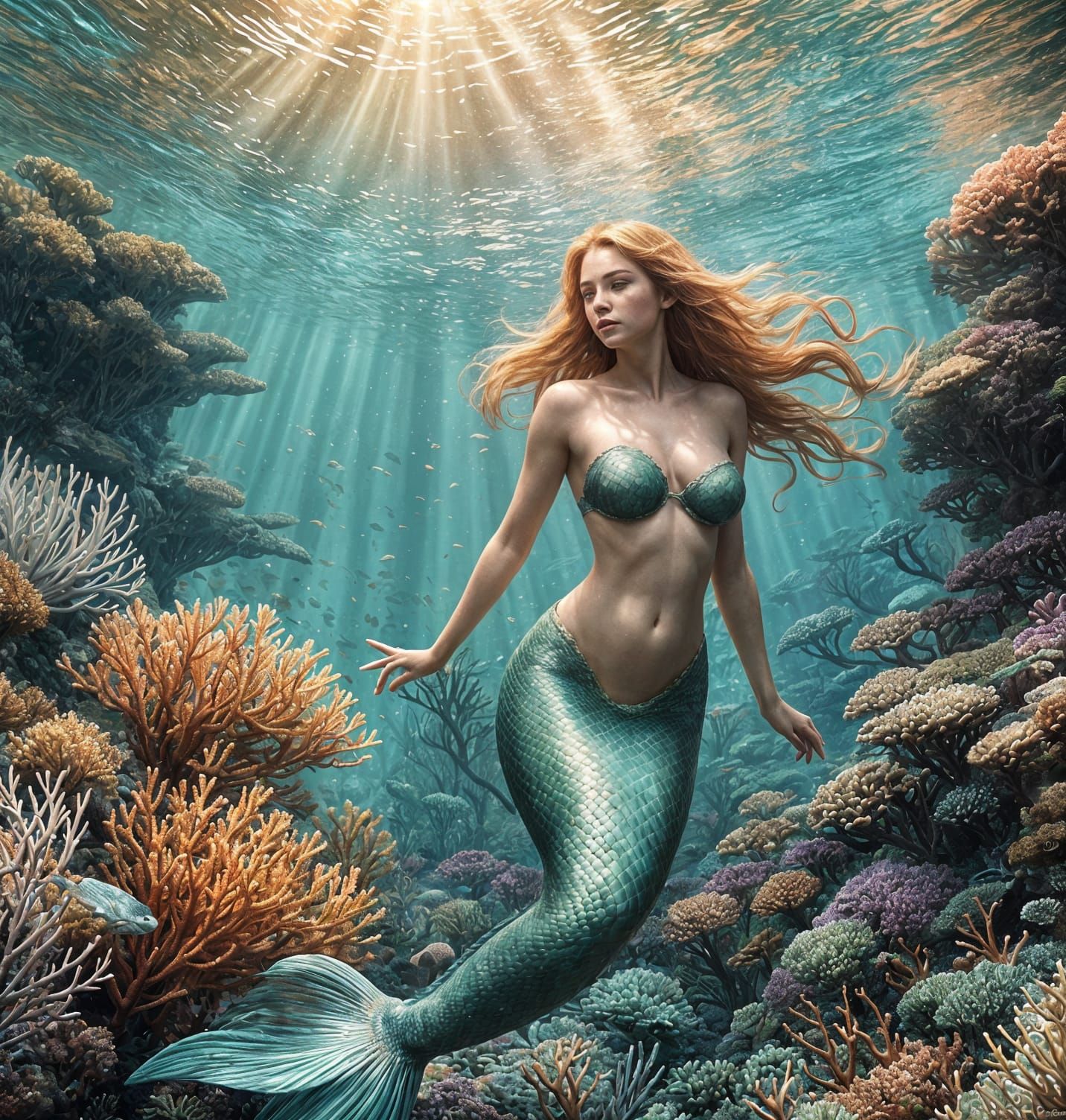 Mermaid Exploring Coral Reef: Digital Fantasy Art