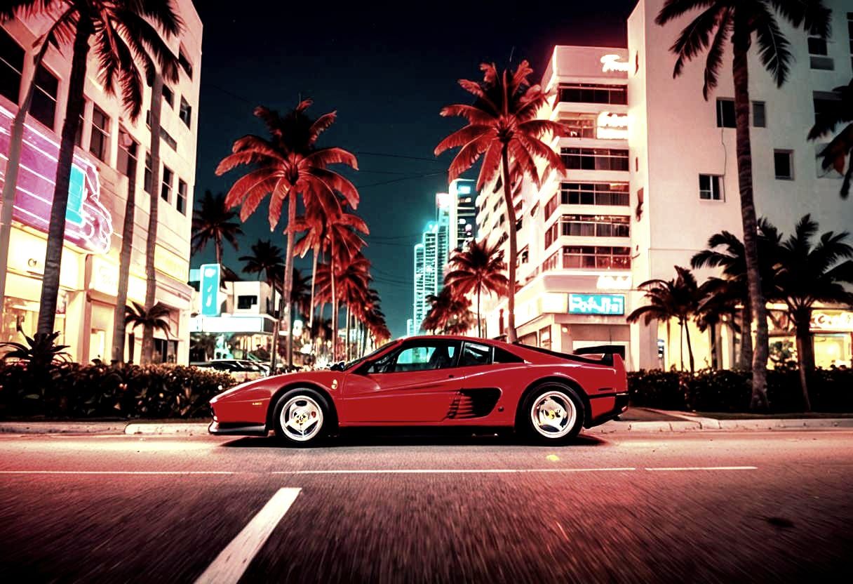 Red Ferrari in Synthwave Miami
