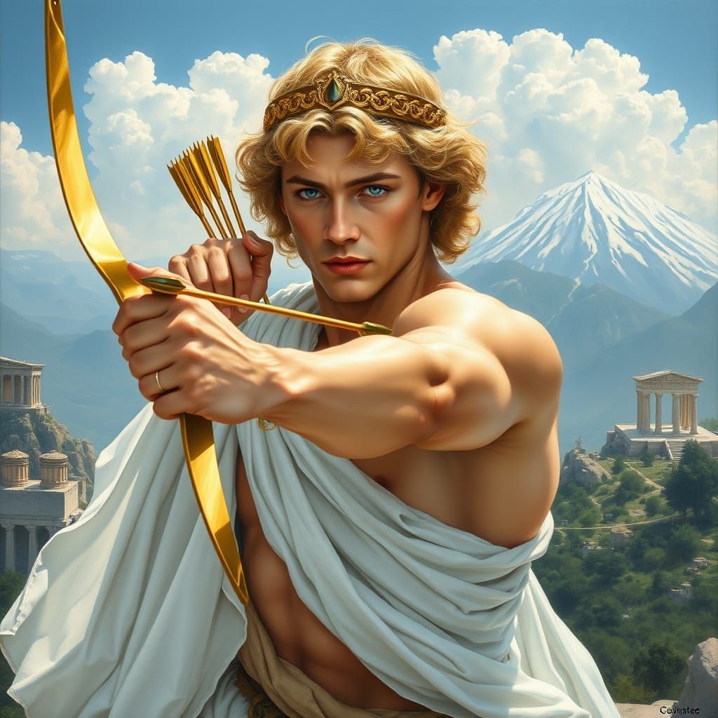 Eros, Greek God of Love, in White Toga and Gold Crown, on Mo...