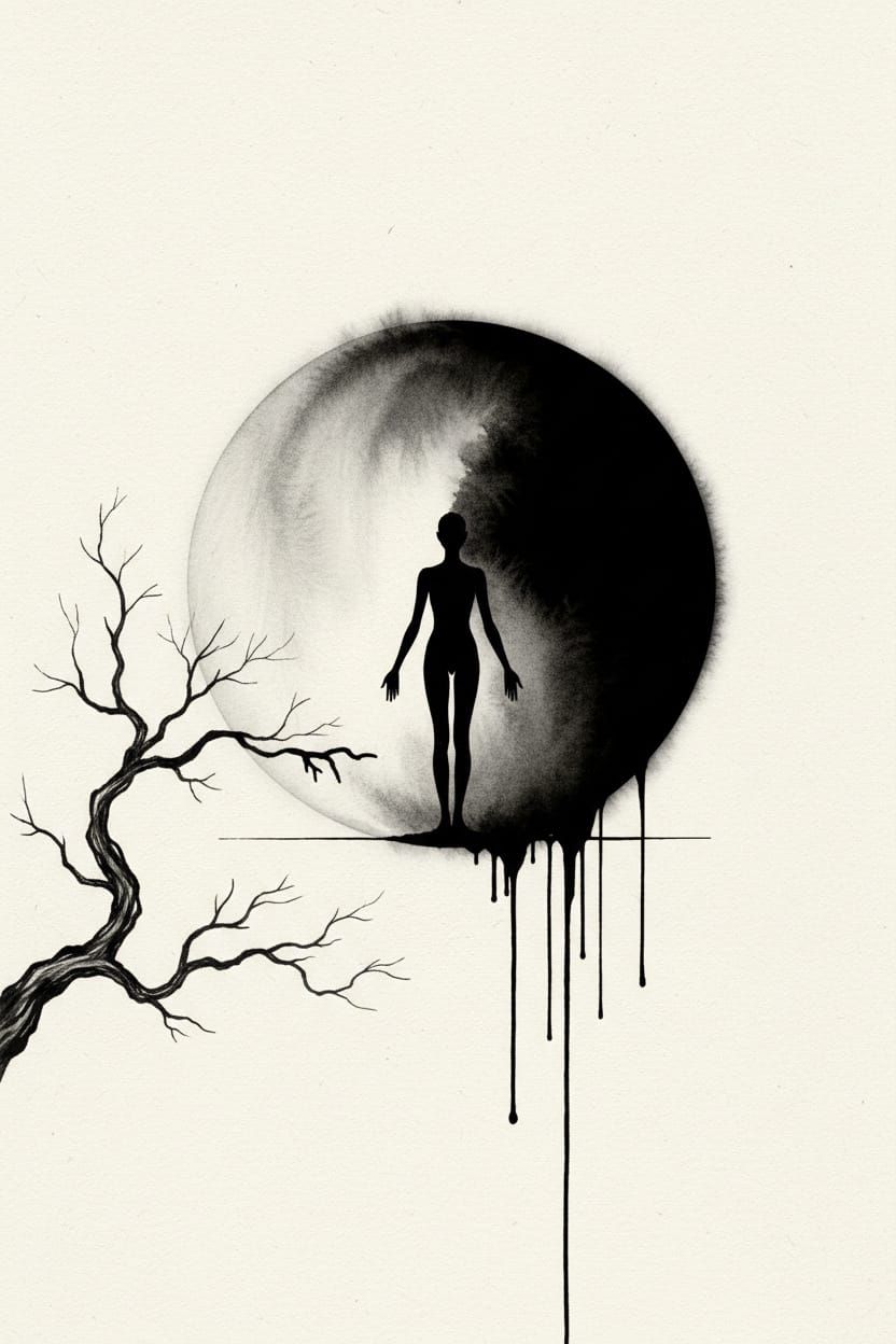 Monochrome Ink Wash Surreal Illustration of Balanced Figure