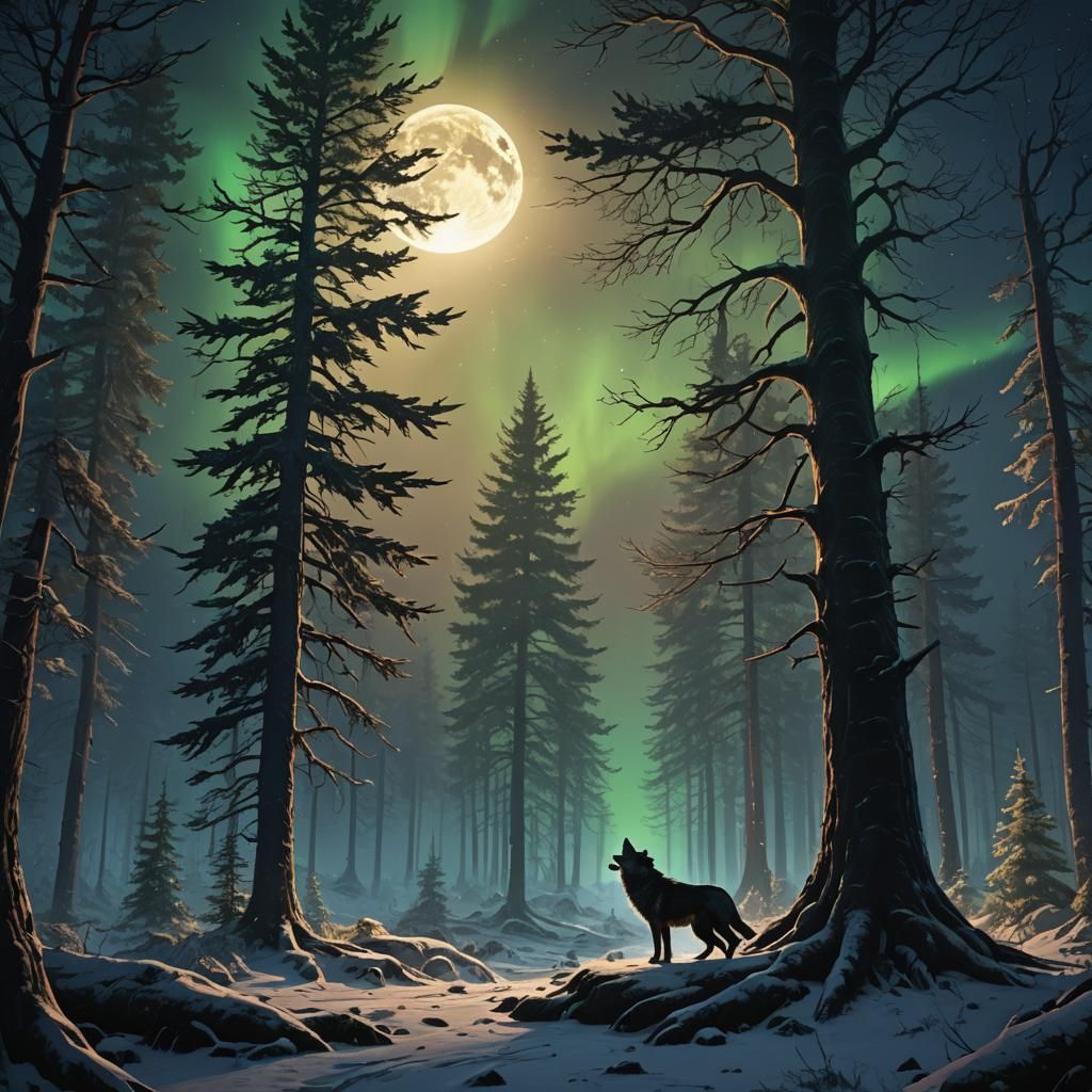Wolf Howling at Northern Lights in Dark Forest