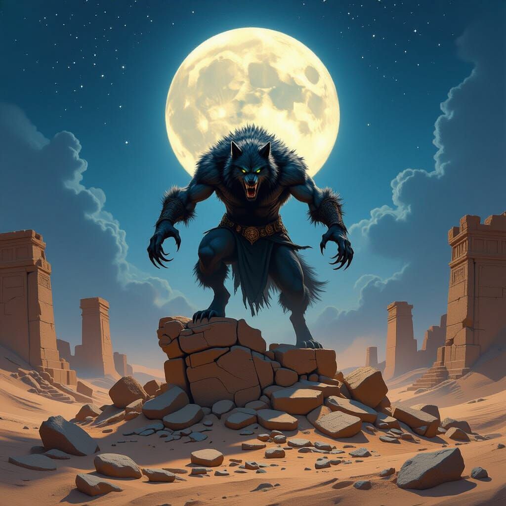 Werewolf Transformation on Ancient Ruins Under Starlit Deser...