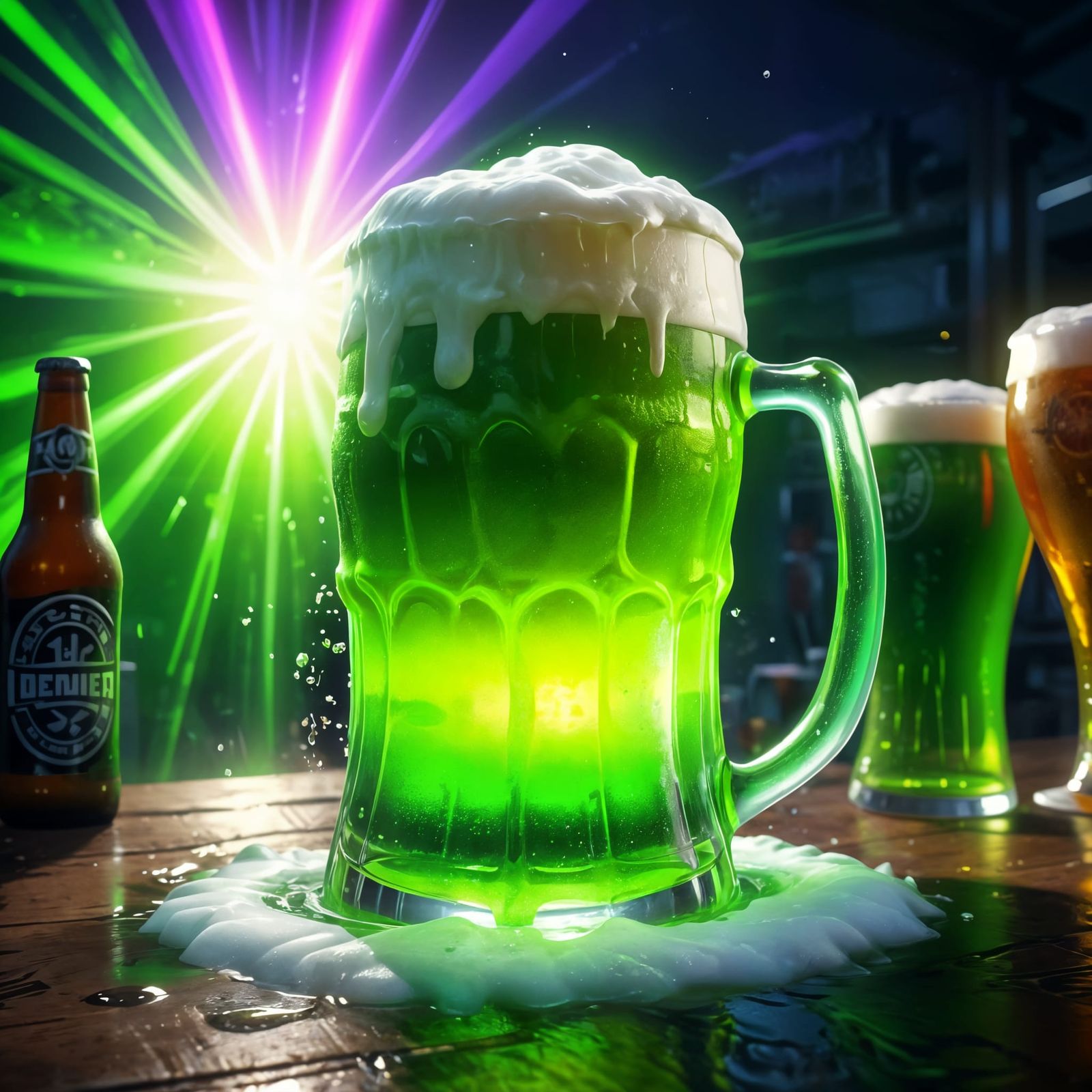 Bright Neon Green Frothy Beer in Psychedelic Style