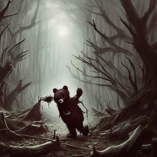 Gothic Horror: Bloodied Teddy Bear in Twisted Forest