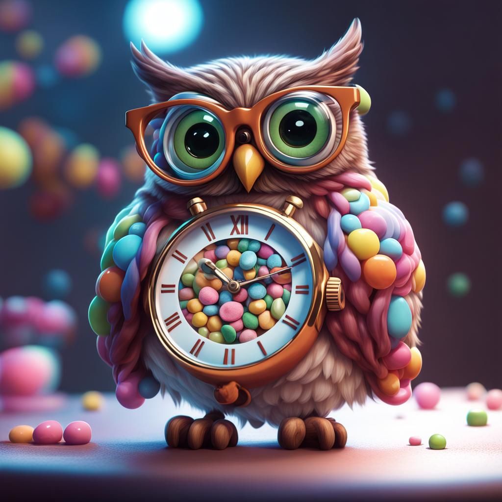Whimsical Owl with Glasses in Candy Art Style