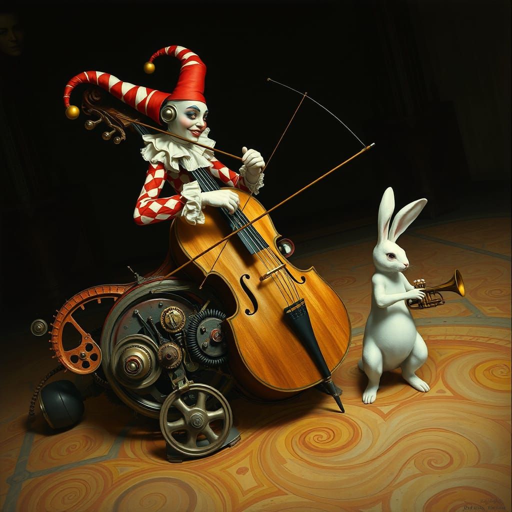 Jester Musician in Surreal Biomechanical Setting