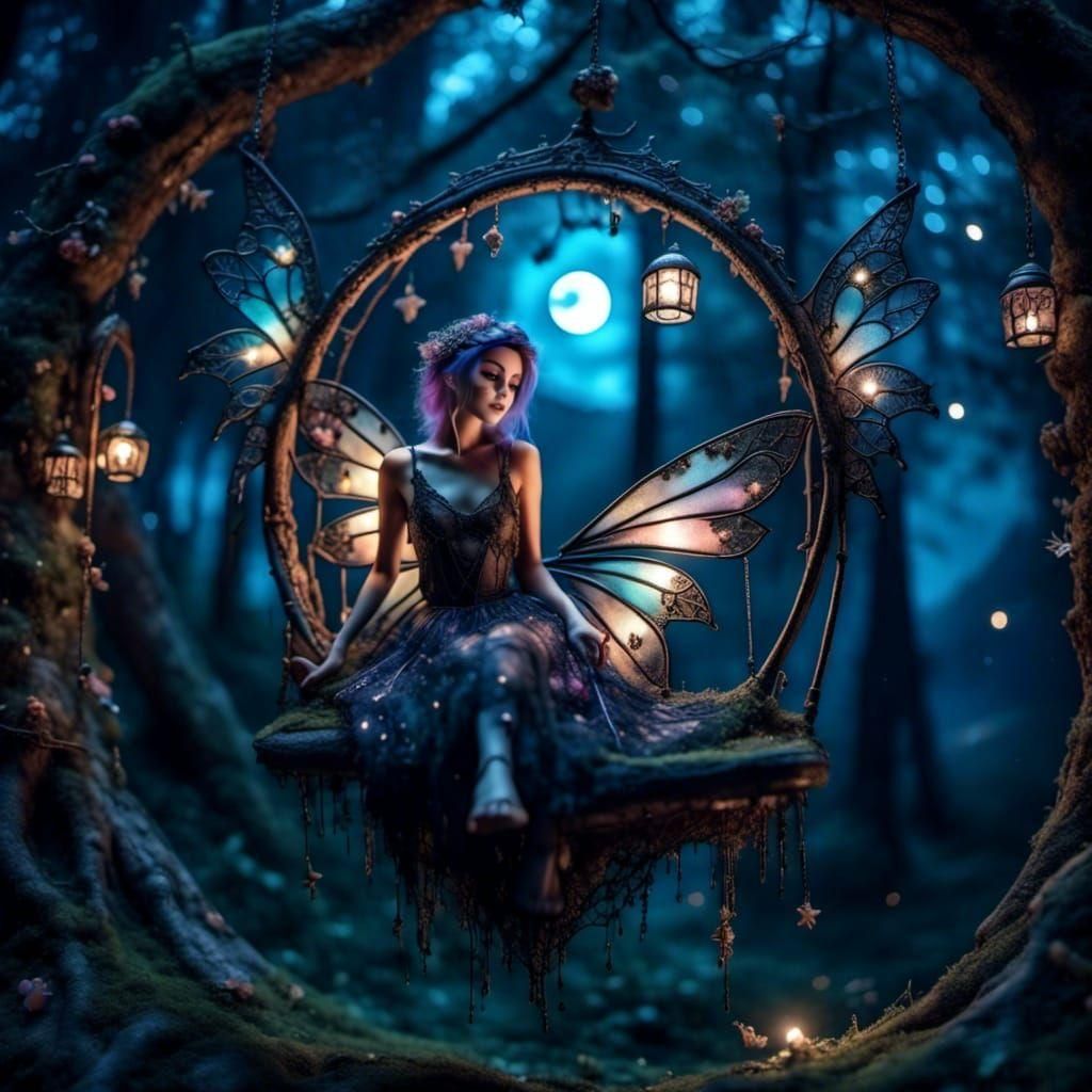 Gothic Fairy in Bioluminescent Forest at Night
