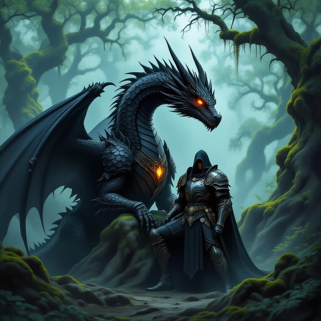 Black Dragon and Knight in Dark Fantasy Forest