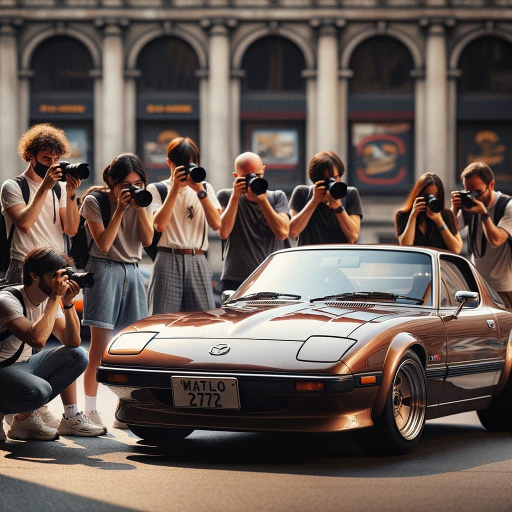 Vintage Mazda RX7 on City Street with Photographers