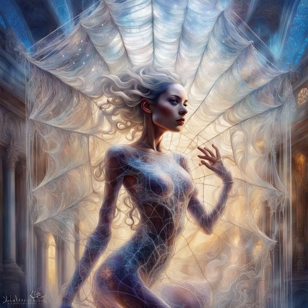 Glass Spiderwoman Dreamscape with Quantum Flowers