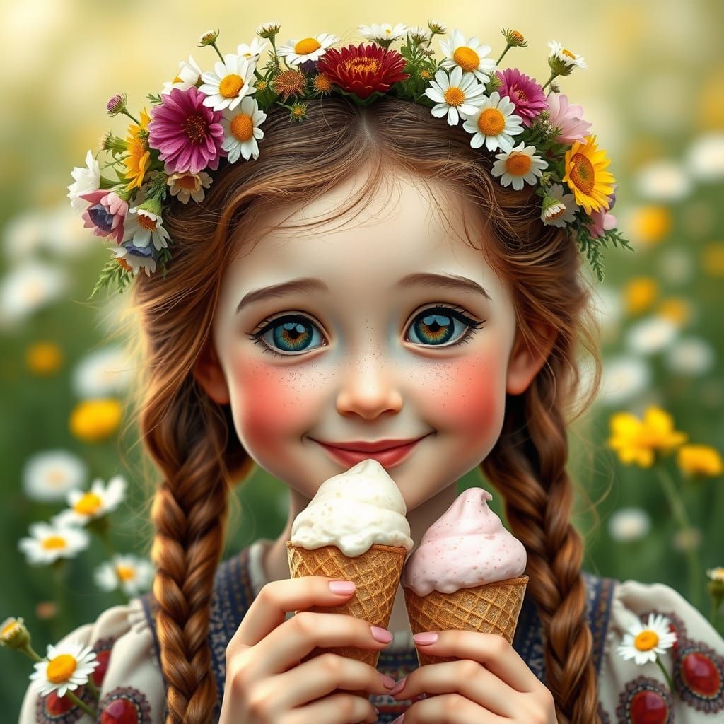 Girl in Hutsul Costume Eating Ice Cream, Art Nouveau Style
