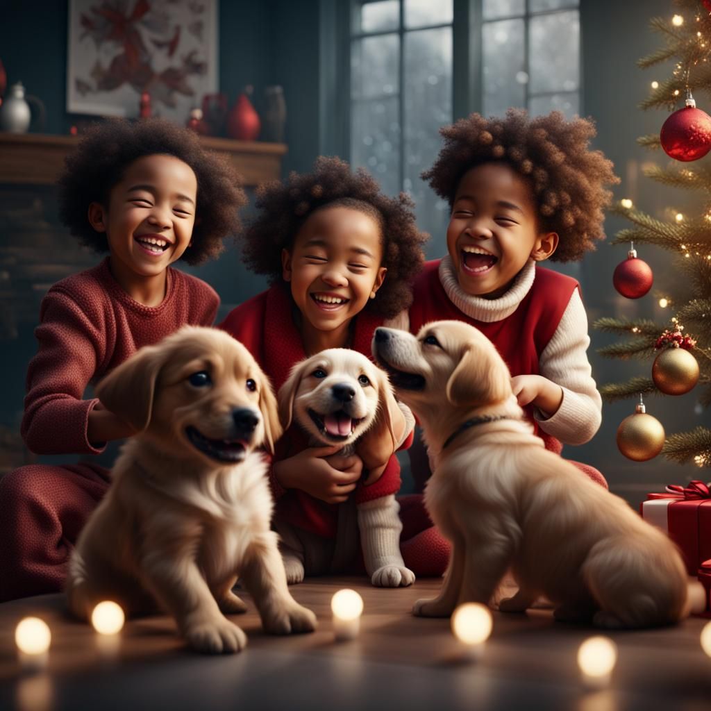 People Playing with Puppies on Christmas Day