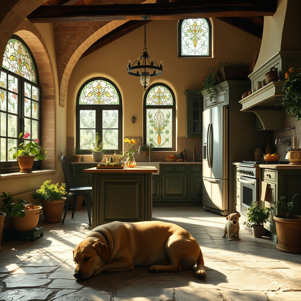 Inviting Italian Fantasy Kitchen with Stained Glass