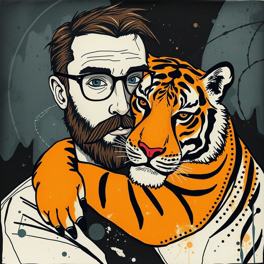 Moody Abstract Portrait of a Man and Tiger