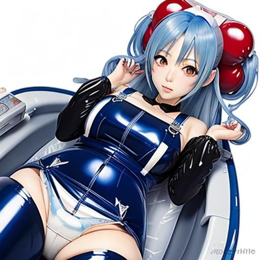 Anime Girl in Latex Diaper Suit on Dirty Toilet