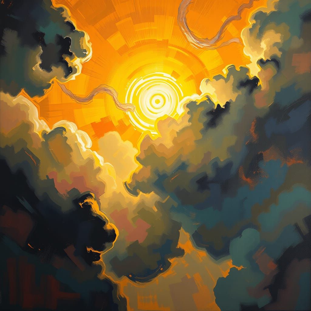 Golden Light Breaking Through Clouds, Abstract Expressionist...