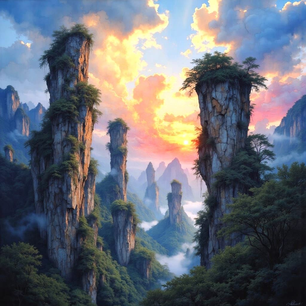 Zhangjiajie Park Basalt Pinnacles in Neurographic Art Style