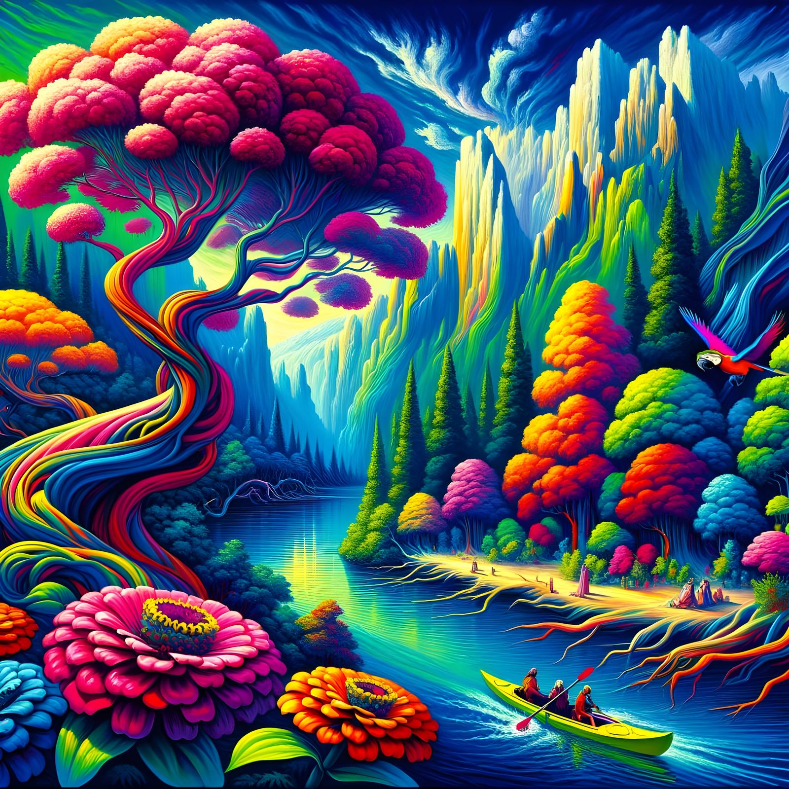 Fauvist Landscape: Electric Blue River and Vibrant Trees