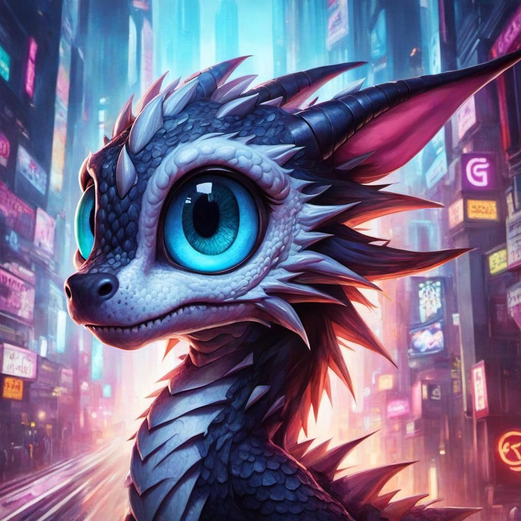 Cyberpunk Dragon in Anime Style Cityscape