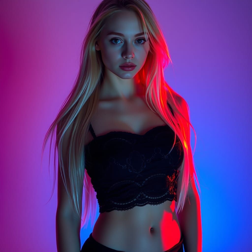 Platinum Blond Model in Red and Blue Low-Key Lighting